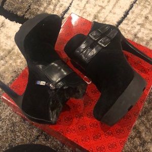 GUESS: Black Suede Stiletto Booties
